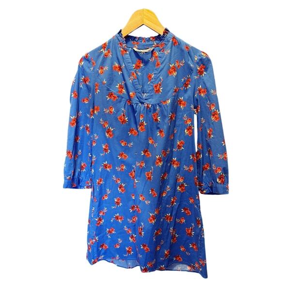 ZARA Emma Mini Tunic Dress Floral V-Neck 3/4 Sleeves Ruffled Neck Cotton Medium - Picture 4 of 10